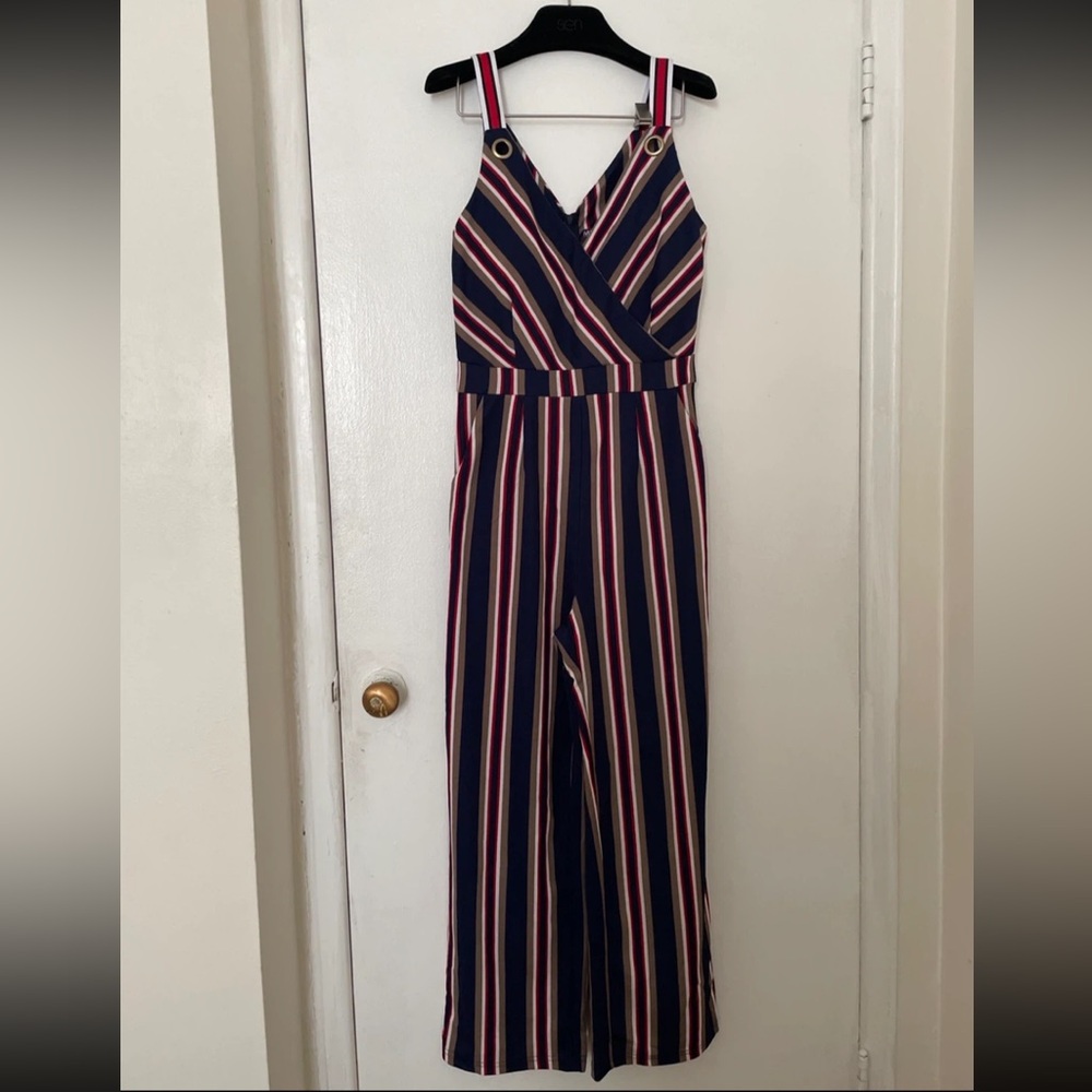 Striped Navy Jumpsuit with Pink & Cream Accents
